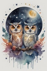 Owls with celestial elements (eg. moon and stars owls) in watercolor style