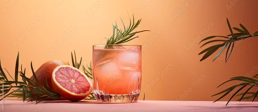 Poster tropical cocktail with grapefruit rosemary and ice served on a pink background with a shadow of palm