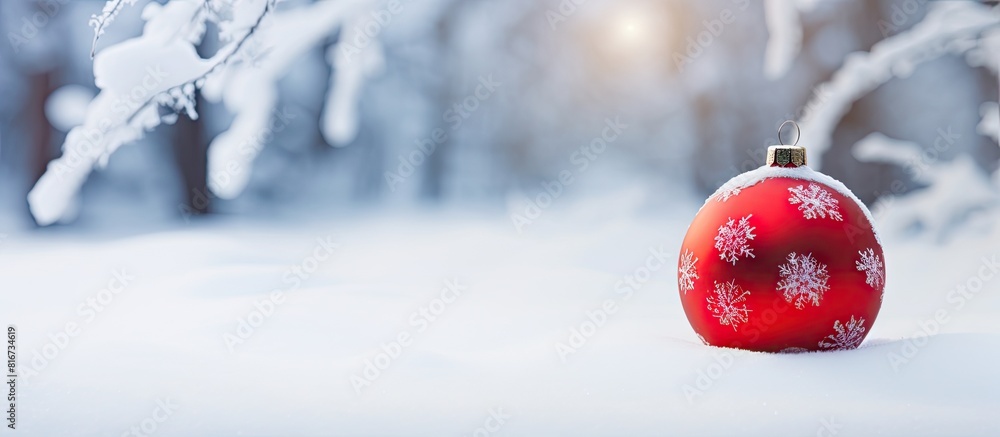 Poster A red Christmas ball rests in the snow beside a branch of a Christmas tree set against a snowy background. with copy space image. Place for adding text or design