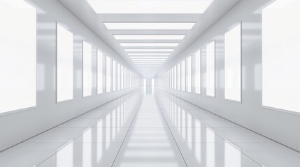 3d render of white room, corridor background, exhibition hall interior with blank white frames hanging on the walls, bright spotlights on the ceiling, realistic modern illustration.