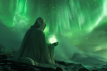 A silhouette of a man in a flowing white robe, holding a glowing orb, against a background of emerald green aurora borealis.