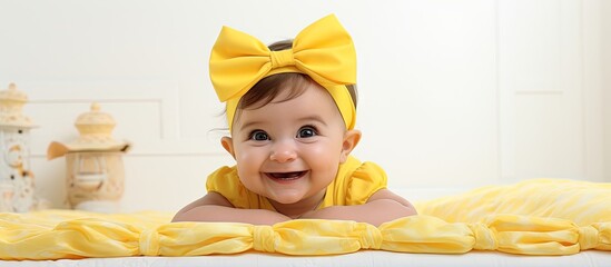 Smiling six month old baby girl dressed in a cute outfit with a yellow bow on her head lies on a bed with a white background She is surrounded by a cake creating a cheerful atmosphere Copy space image