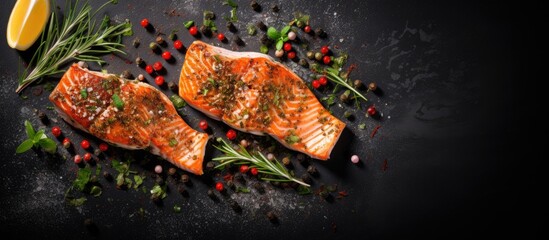 Salmon fillets steaks are beautifully grilled with a seasoning of salt pepper and herbs on the grill The dish is presented with a gray background as viewed from the top with ample copy space