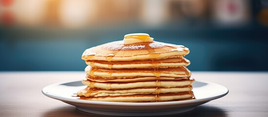 A tall stack of pancakes perfect for a family breakfast with a shallow depth of field and an empty area for additional content