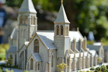 Detailed miniature replica of a cathedral with towers, captured in soft, natural light