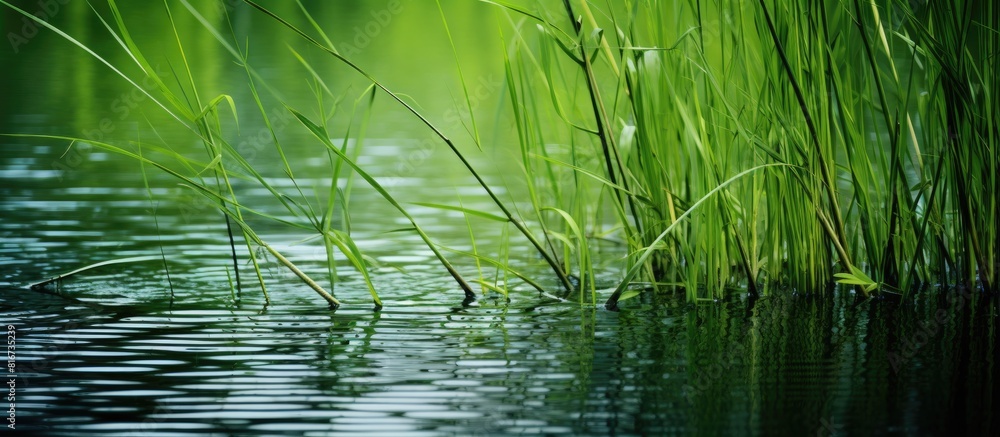 Poster a scenic lake with lush green reeds is reflected in a mirror like surface gently raindrops cascade i
