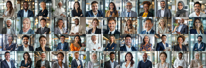 Mosaic collage of male businessmen and female businessmen of multiethnic face and different ages, portraits of successful people smiling at the camera