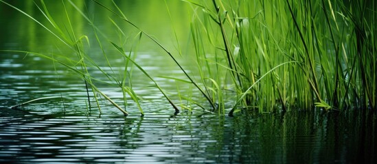 A scenic lake with lush green reeds is reflected in a mirror like surface Gently raindrops cascade into the water creating a tranquil ambiance Perfect for design purposes this captivating image is id