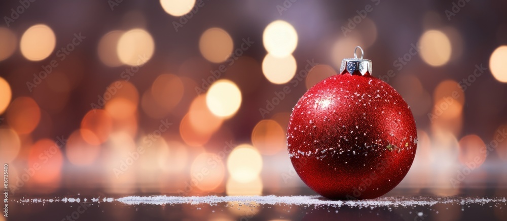 Poster A red Christmas ornament with white accents on a festive glittery background creating a shallow depth of field leaving space for other elements in the image. with copy space image