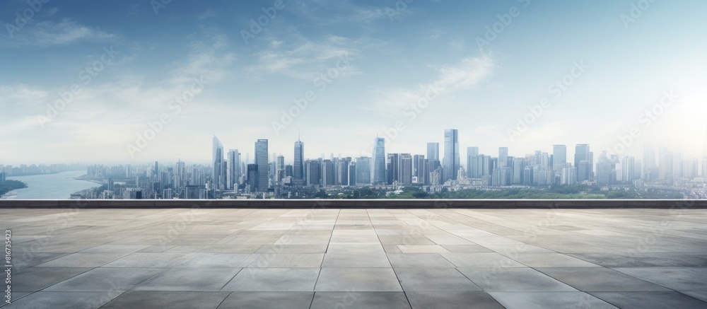 Poster an urban landscape with a panoramic skyline and buildings featuring an empty concrete square floor t