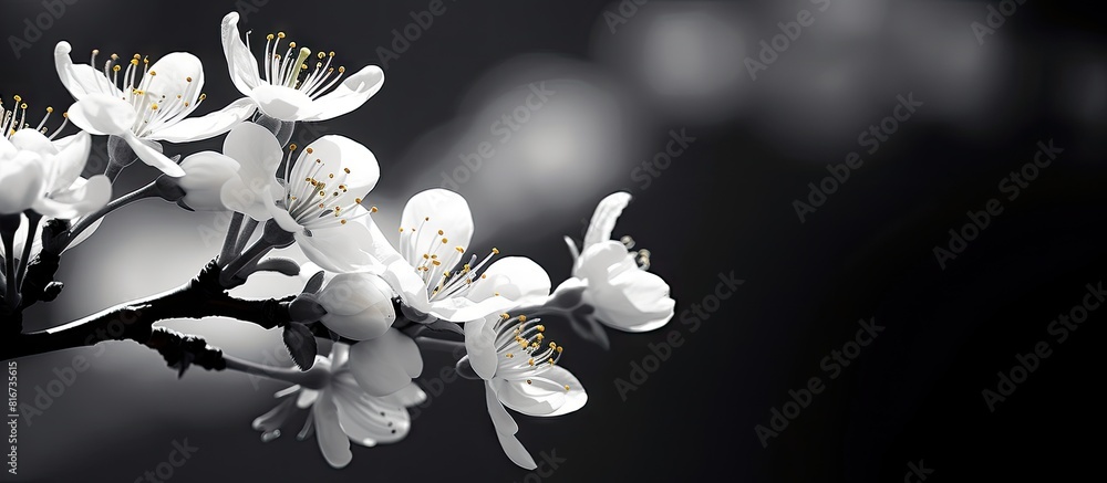 Poster in springtime a striking nectarine tree with beautiful flowers blooms against a black and white back