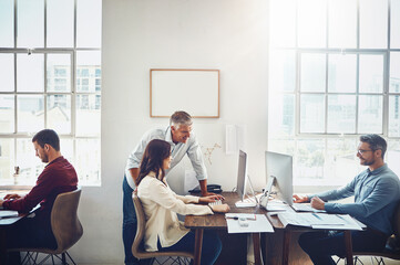 Woman, working and help with manager on computer for web design, email with new lead for business....