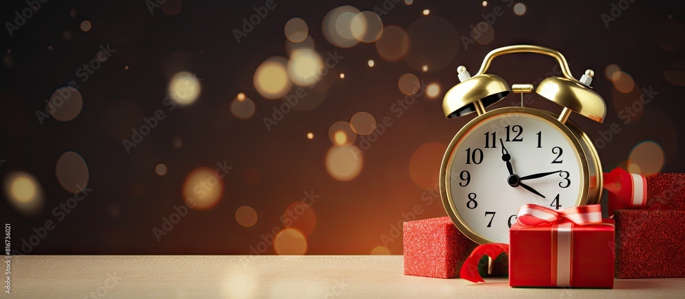Poster Vintage or retro themed alarm clock and gift box with available space for text or images. with copy space image. Place for adding text or design