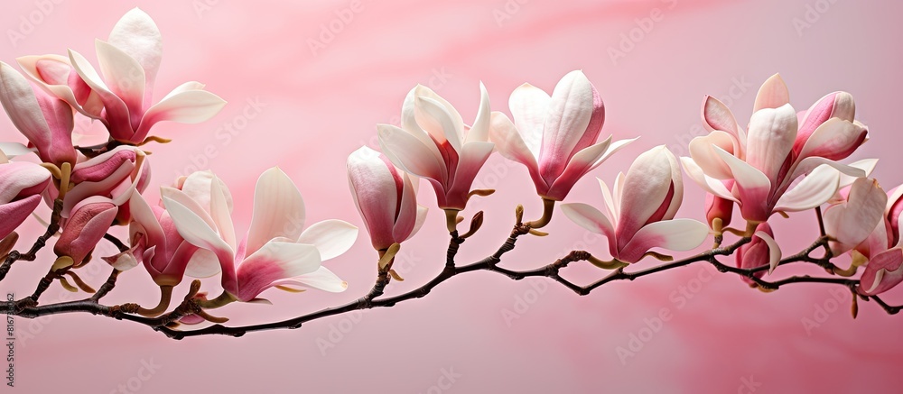 Wall mural A stunning image captures the vibrant magnolia flowers on tree branches illuminated by natural sunlight leaving room for additional content