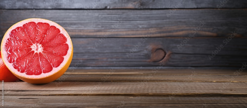 Poster The image showcases a red grapefruit placed on a rustic wooden background creating a visually striking composition with ample negative space for various uses