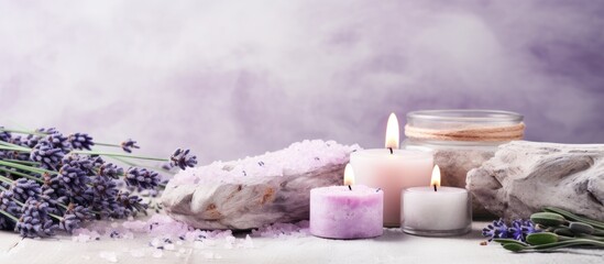 A soothing lavender spa with sea salt aromatic candles body cream and handmade soap The natural...