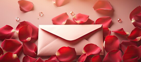 A romantic red envelope surrounded by delicate rose petals provides a perfect backdrop for expressing heartfelt sentiments in a love letter with ample space for your words