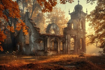 Golden autumn leaves frame the remains of a oncegrand chapel, with sunlight piercing the fog