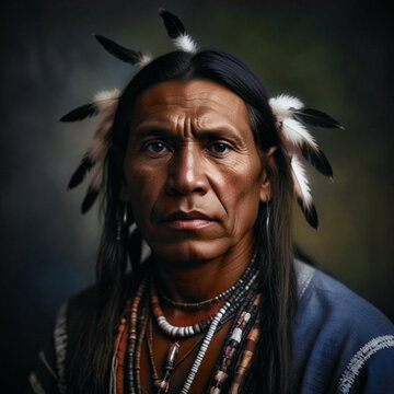 Portrait of a Native American with a feathered headdress and beaded necklaces.