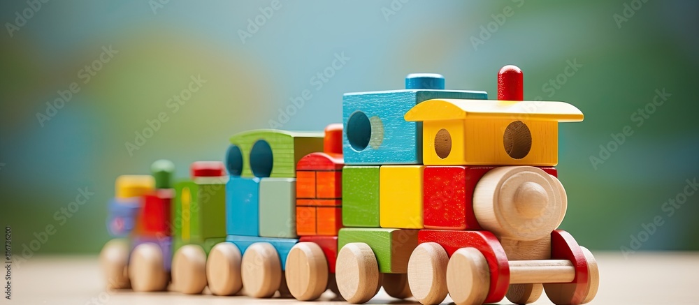 Poster A wooden toy train decorated with colorful blocks sits on a green background leaving ample copy space for your image