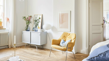 Leeres horizontales Rahmenmodell in modernem, minimalistischem Interieur mit Pflanze in trendiger Einrichtung. Vorlage für Kunstwerke, Gemälde, Fotos oder Poster.