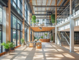 Spacious modern office interior with large windows, natural light, and green plants. Open layout with wooden elements and contemporary furniture, creating a bright and inviting workspace