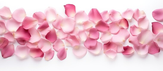 A top down view of pink rose petals placed on a white surface with enough empty space for adding text or images. with copy space image. Place for adding text or design