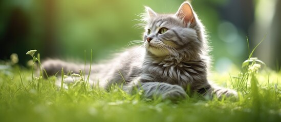 A spacious gray haired feline enjoying a leisurely time in the open air with plenty of empty space around copy space image