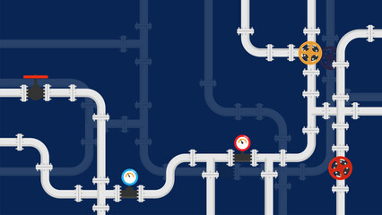Industrial background with pipeline. Oil, water or gas pipeline with fittings and valves