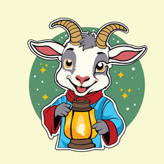 Goat Holding Lentrn and cute smile and star in background for mascot