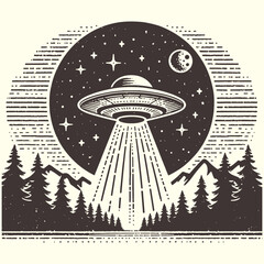 ufo flying over the forest vintage illustration © Satoru Sketches
