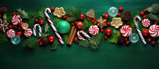 The top view of traditional Christmas candies candy canes colorful and decorated for the new year on a green background with ample copy space image for a festive display