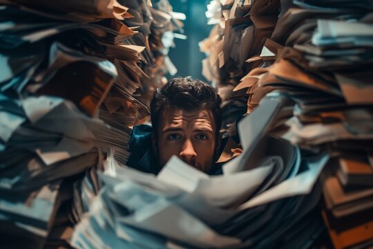 A clerk burdened with loads of paper work