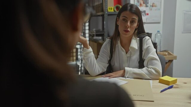 An attentive woman questions another in a police station, highlighting investigation and law enforcement.