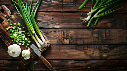 Composition with fresh green onion and knife onwooden