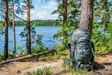Hacking adventure  tourist backpack on mountain edge, travel concept for thrilling exploration