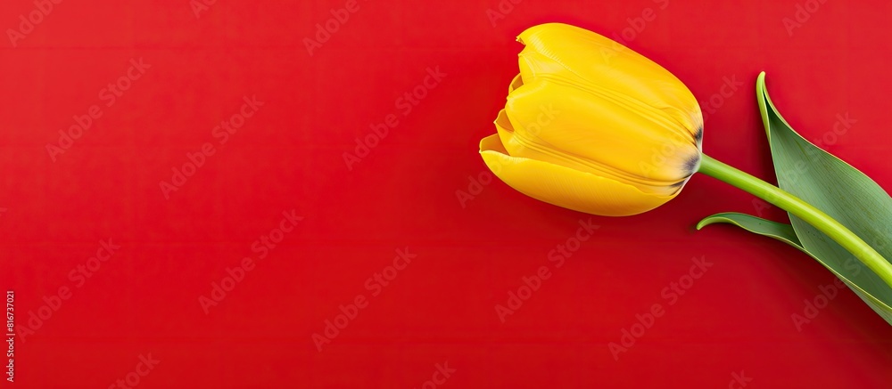 Poster Yellow tulip with top view and isolated on red background Perfect for a copy space image