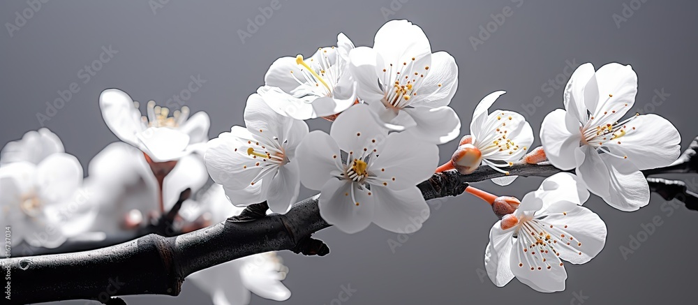 Poster in springtime a striking nectarine tree with beautiful flowers blooms against a black and white back