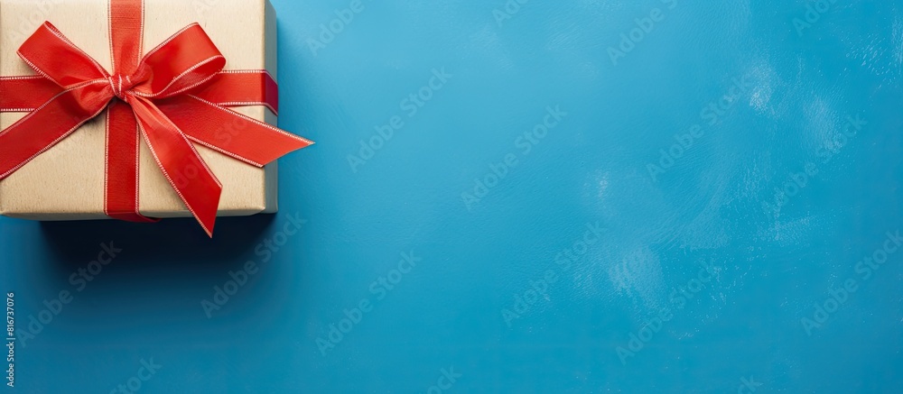 Poster Top view of a gift box with a red bow on a blue background serving as a holiday background Perfect for copy space image