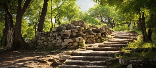 Stone stairs leading to a rural road with beautiful scenery providing ample copy space for images