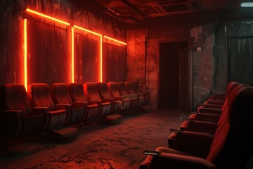 Eerie view of an abandoned cinema hall illuminated by red neon lights, conveying a sense of decay and nostalgia
