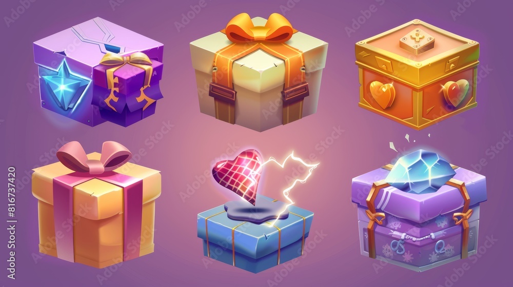 Poster three-dimensional objects in wrapping paper with bows. 3d elements with gamer rewards isolated on wh