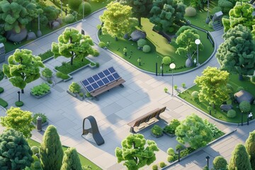 An aerial view of a park with benches and trees. Suitable for outdoor and nature concepts