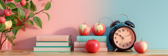 Back to school concept banner with books, alarm clock and apples on wooden table against pastel background with copy space for text 