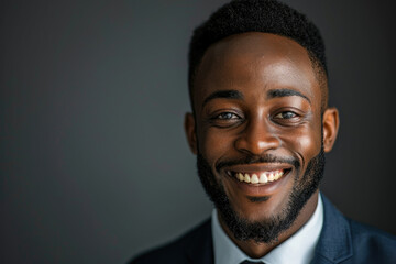 Obraz premium Image of black man in professional attire beaming with happiness on a dark grey studio background