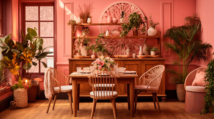 Elegant, but simple small wood table banquet in a boho plant room with pink walls and a wood floor