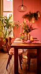 Elegant, but simple small wood table banquet in a boho plant room with pink walls and a wood floor