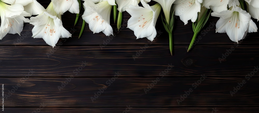 Poster a top down view of white gladioli flowers placed on a dark wooden surface the image showcases a flor