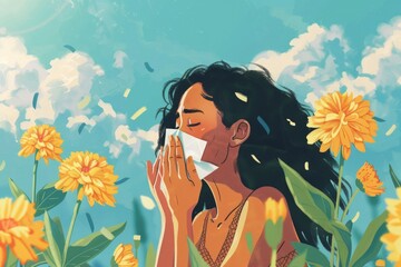 Woman blowing nose in field of flowers, suitable for health and allergy concepts