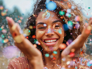 Smiling young woman while having fun. Falling confetti and glitter.